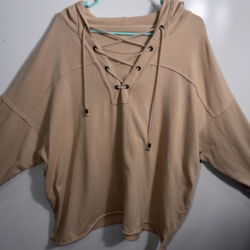 Aerie Sweatshirt Med. Beige Oversized Lace-Up Hooded Pullover‎ Relaxed Women's